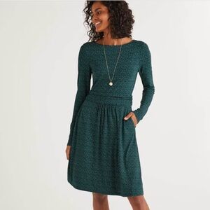 Boden Abigail Jersey Midi Dress Green Polka Dot Ruched Waist Pockets size 6 L